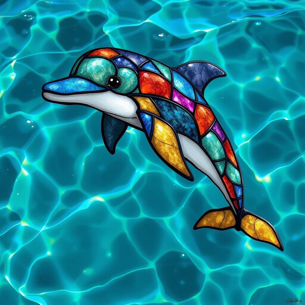 Stained Glass Dolphin Leaping in Crystalline Ocean
