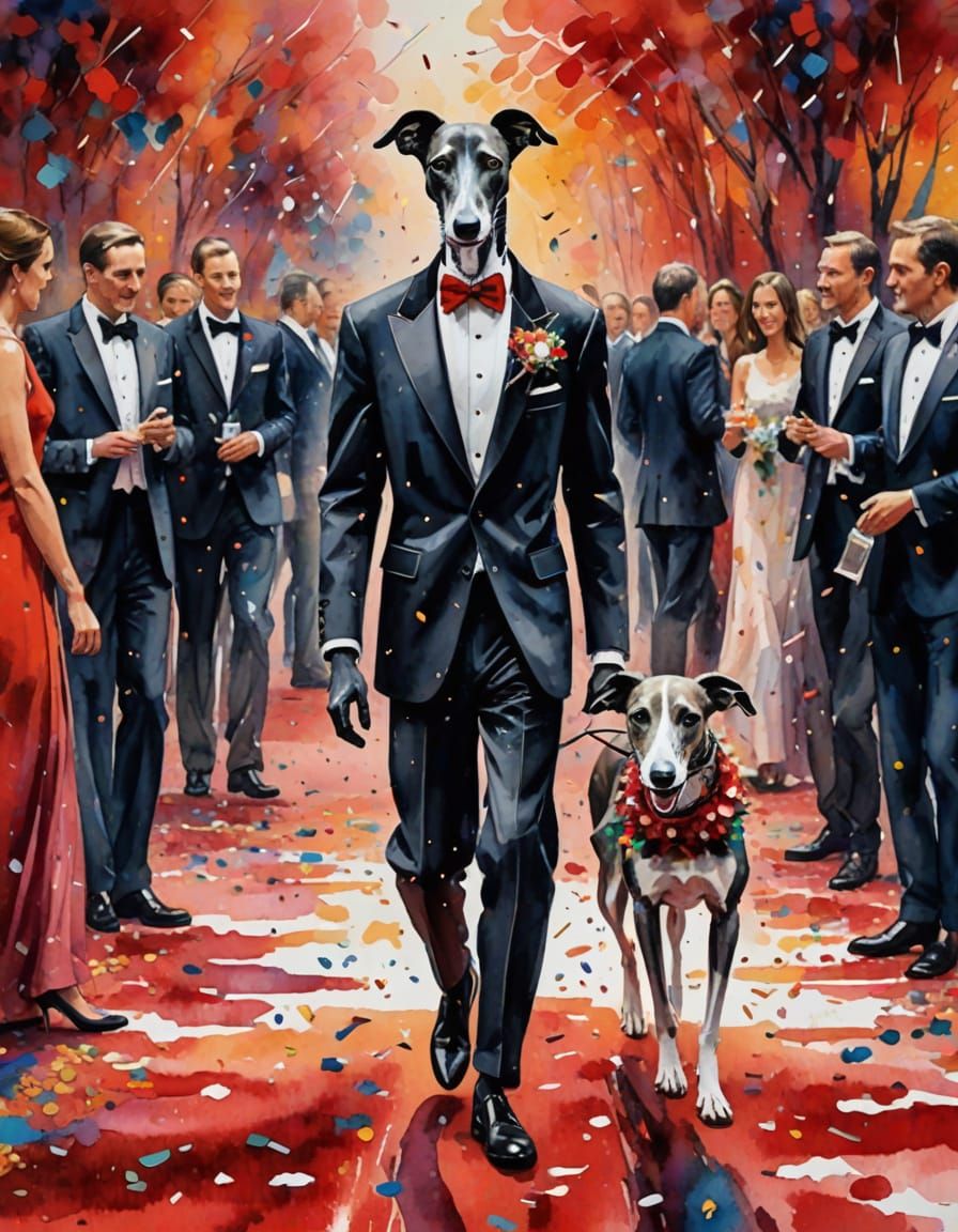 Elegant Greyhound Struts Red Carpet in Dreamy Watercolor Sty...