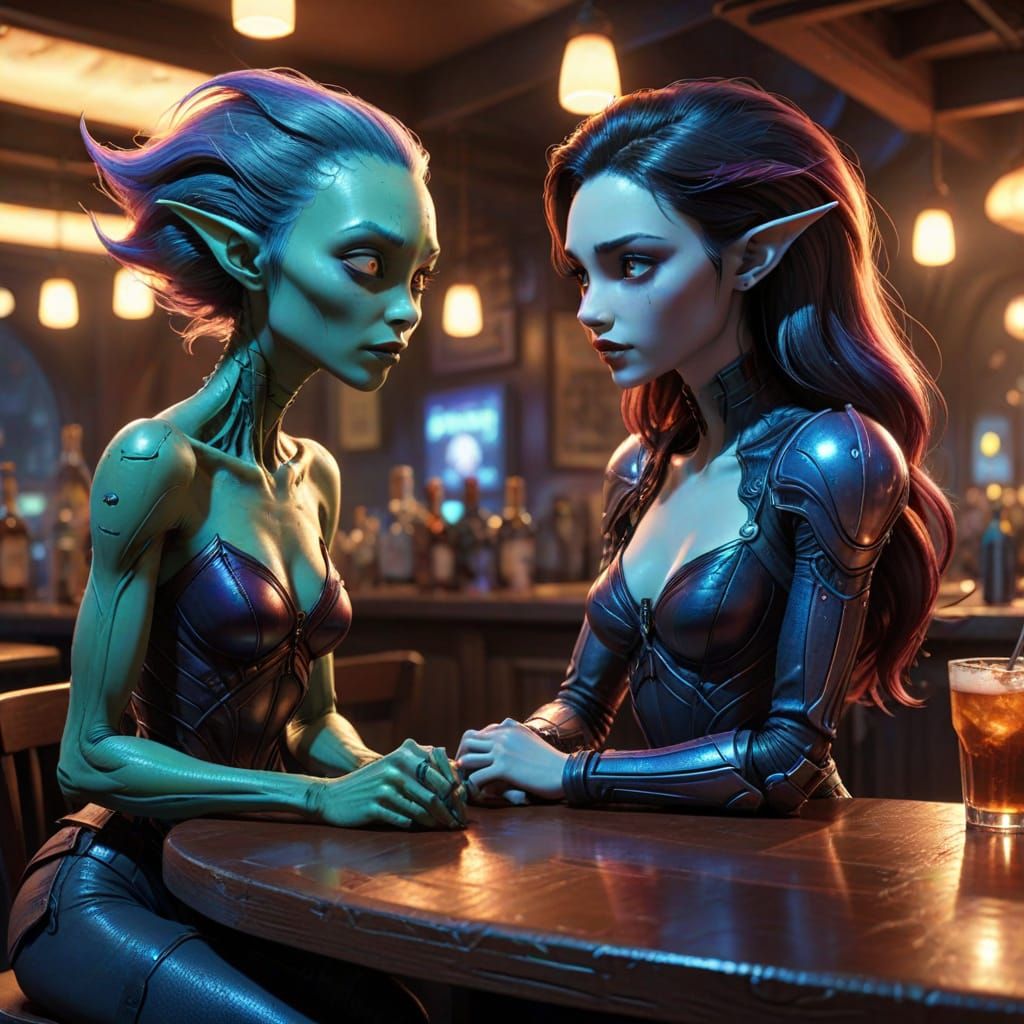Alluring Alien and Vampire Share a Moment in a Futuristic Ta...