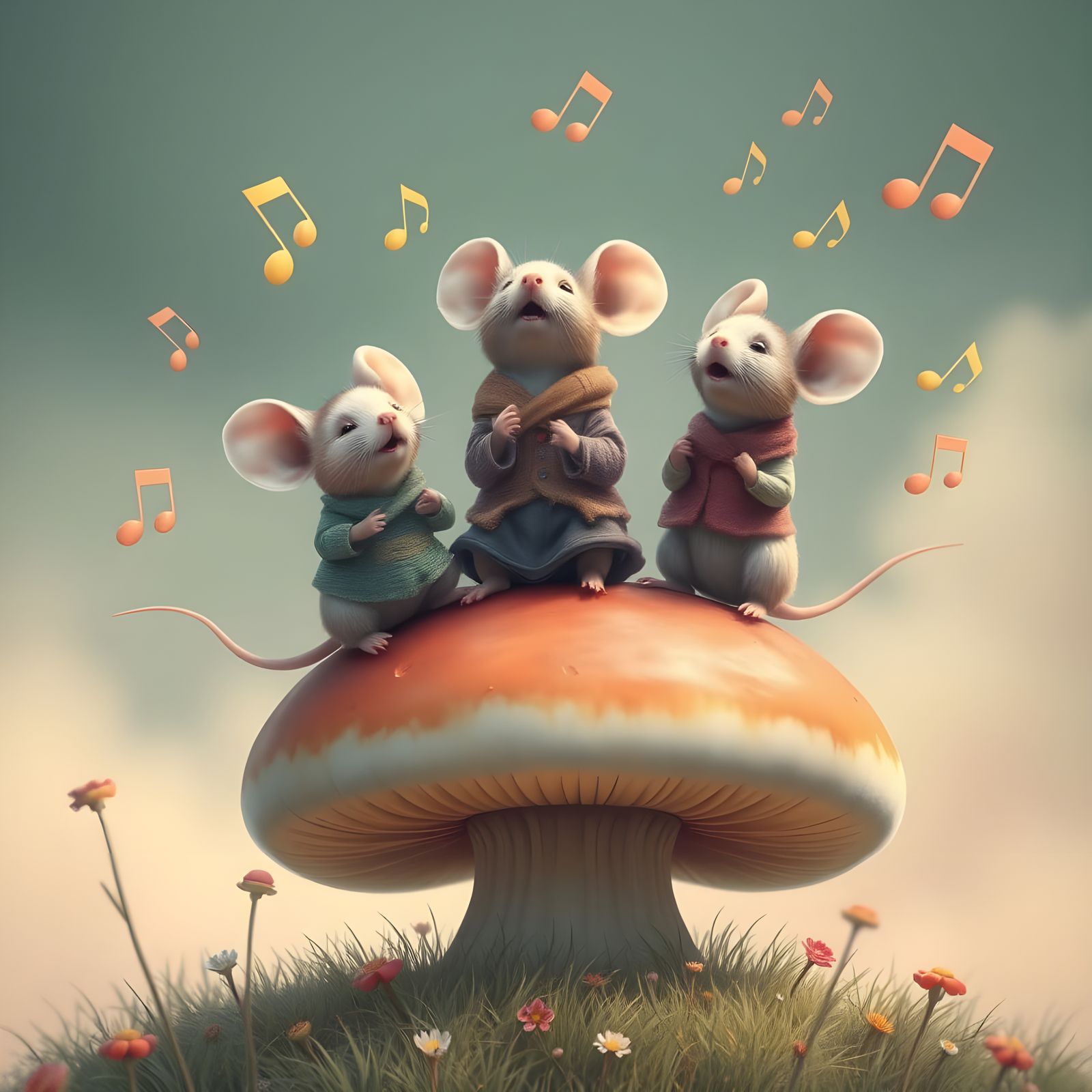Mice Singing in Harmony on a Giant Mushroom