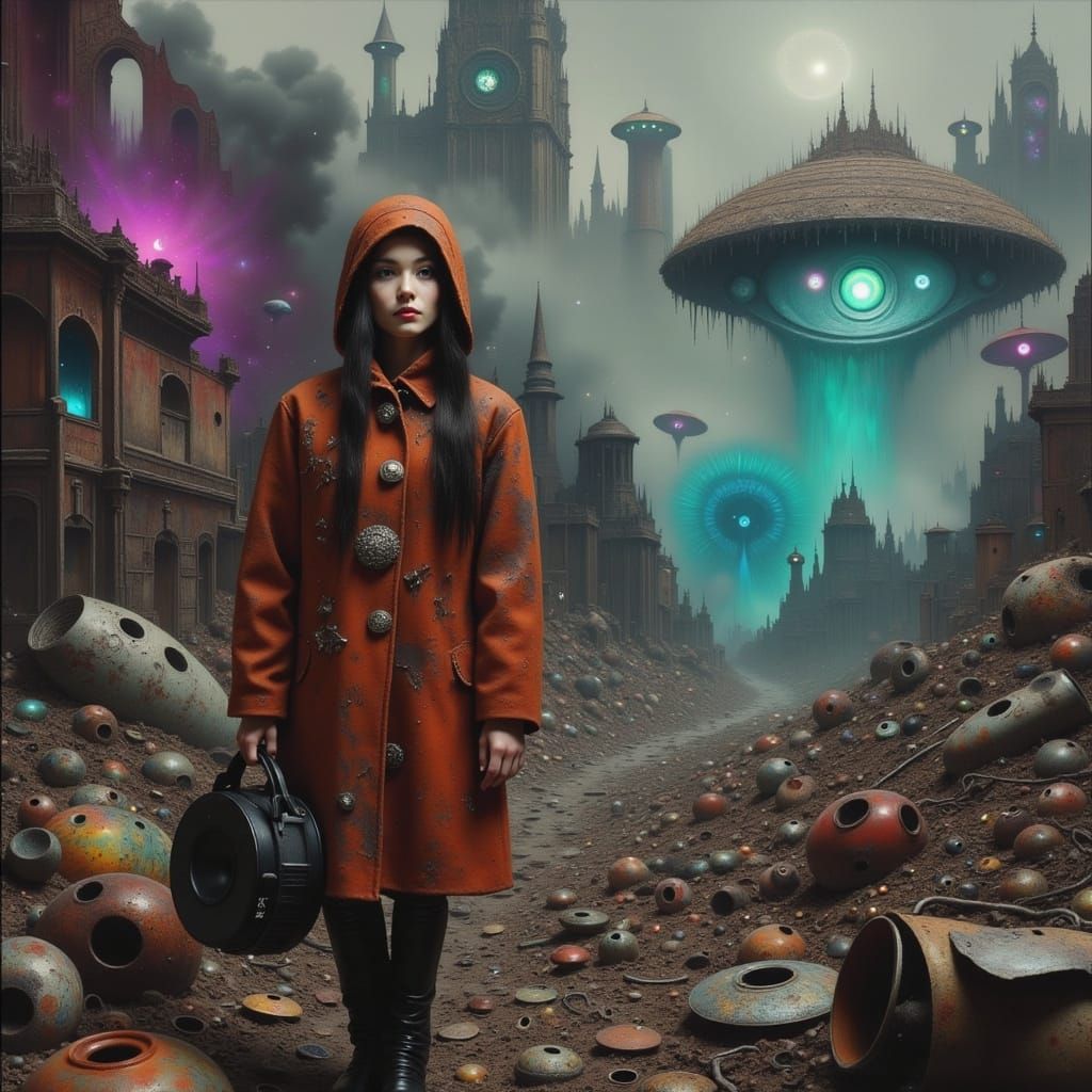 Surreal Post-War Woman Amidst Eerie Landscape