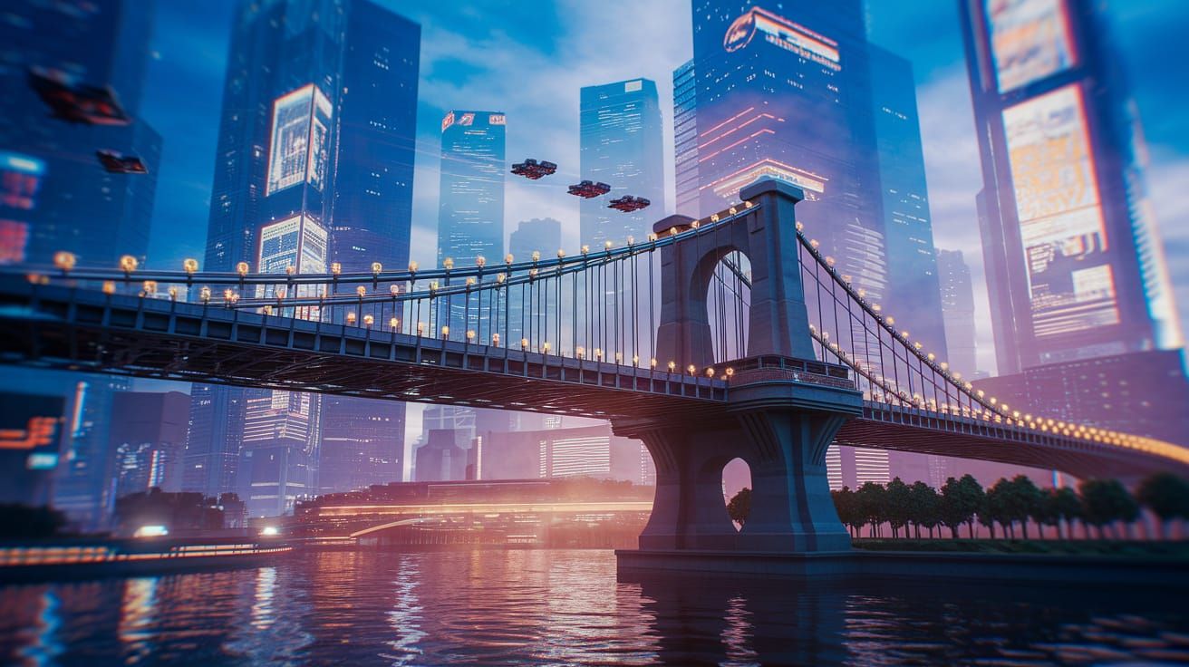 Cyberpunk Cityscape at Night: Futuristic Suspension Bridge
