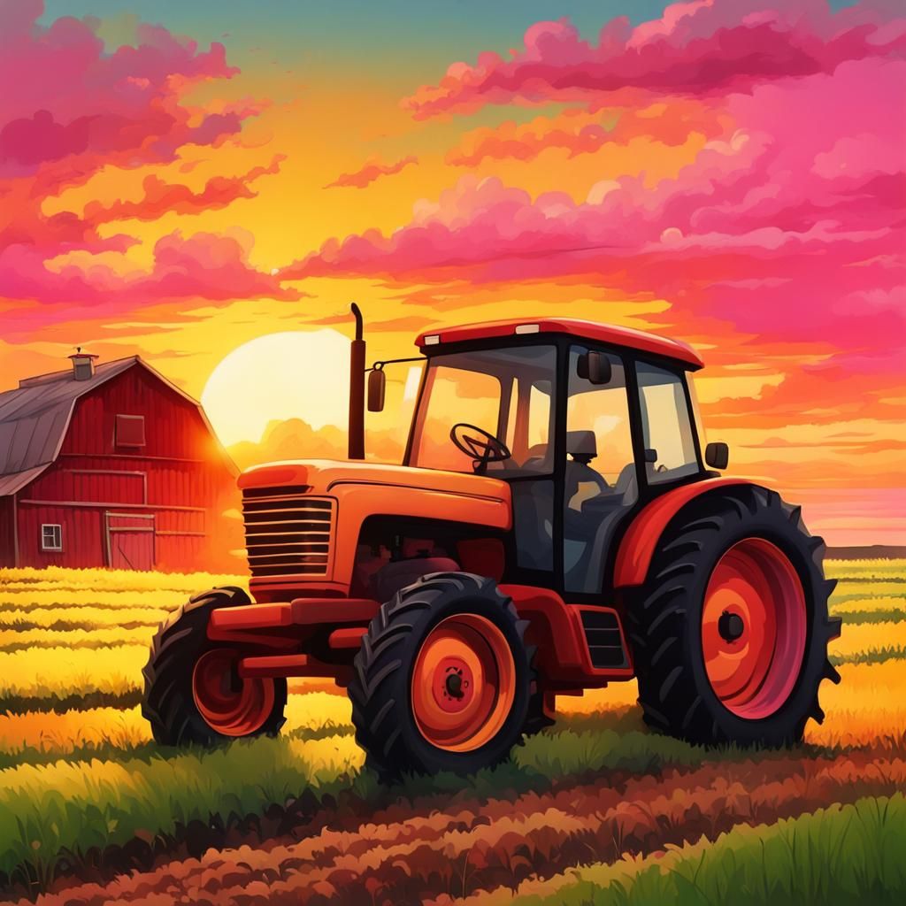 Colorful Sunset Farm Scene in Hyperrealistic Style