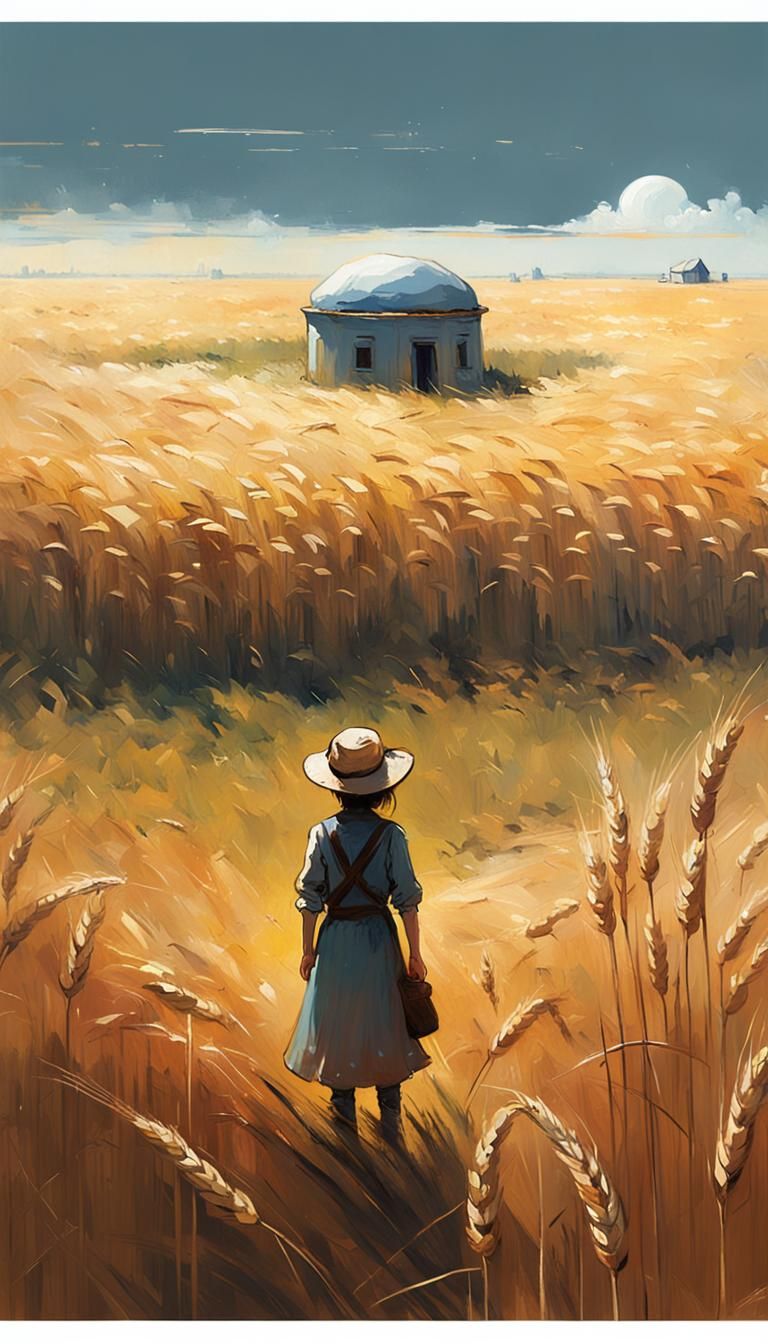 Lonely Girl in Wheat Field, Realist Painting