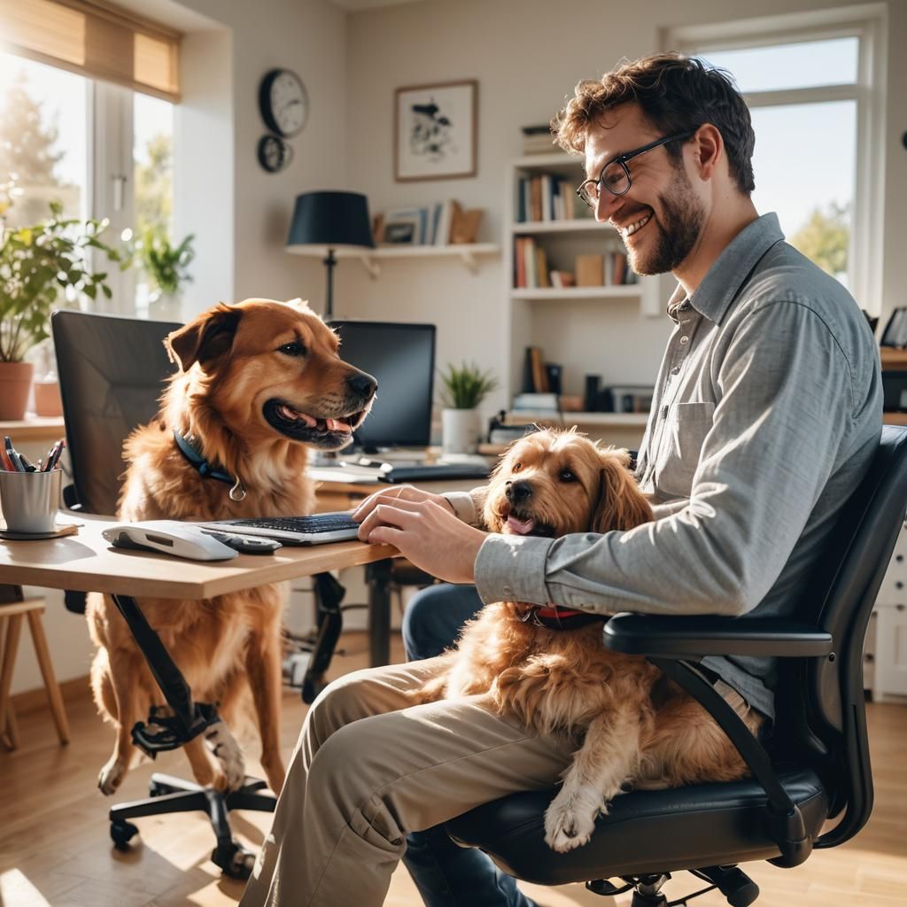 Smiling Tester Working at Home with Dog