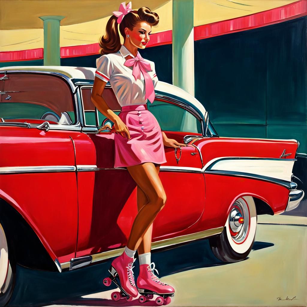 Pinup Carhop at 1950s Drive-In Restaurant