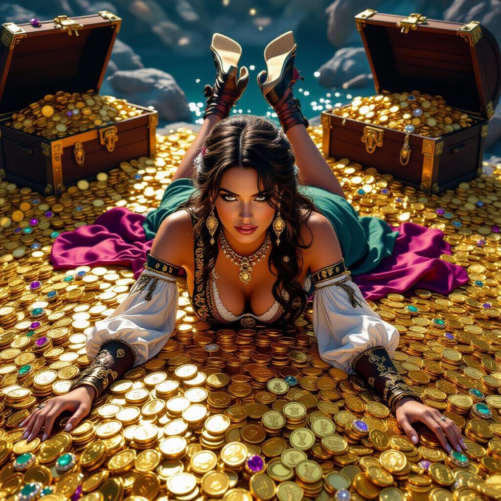 Pirate Woman Lounging Atop Gold Treasure Pile