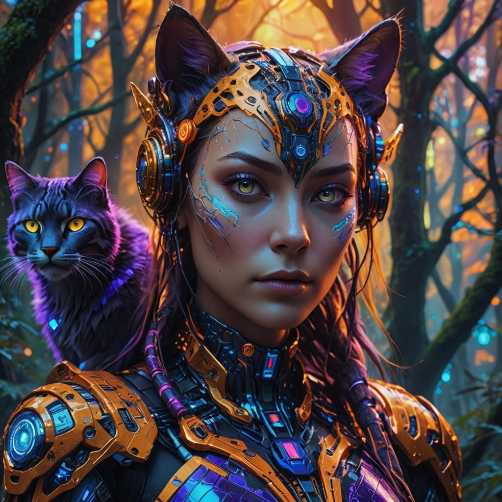 Cybernetic Feline Woman in Mystical Forest: Digital Art
