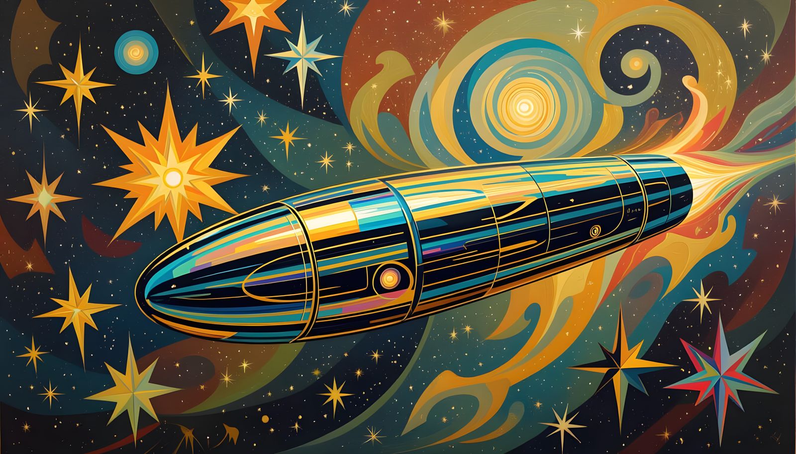 Sleek Metallic Spacecraft in Impasto Cosmos