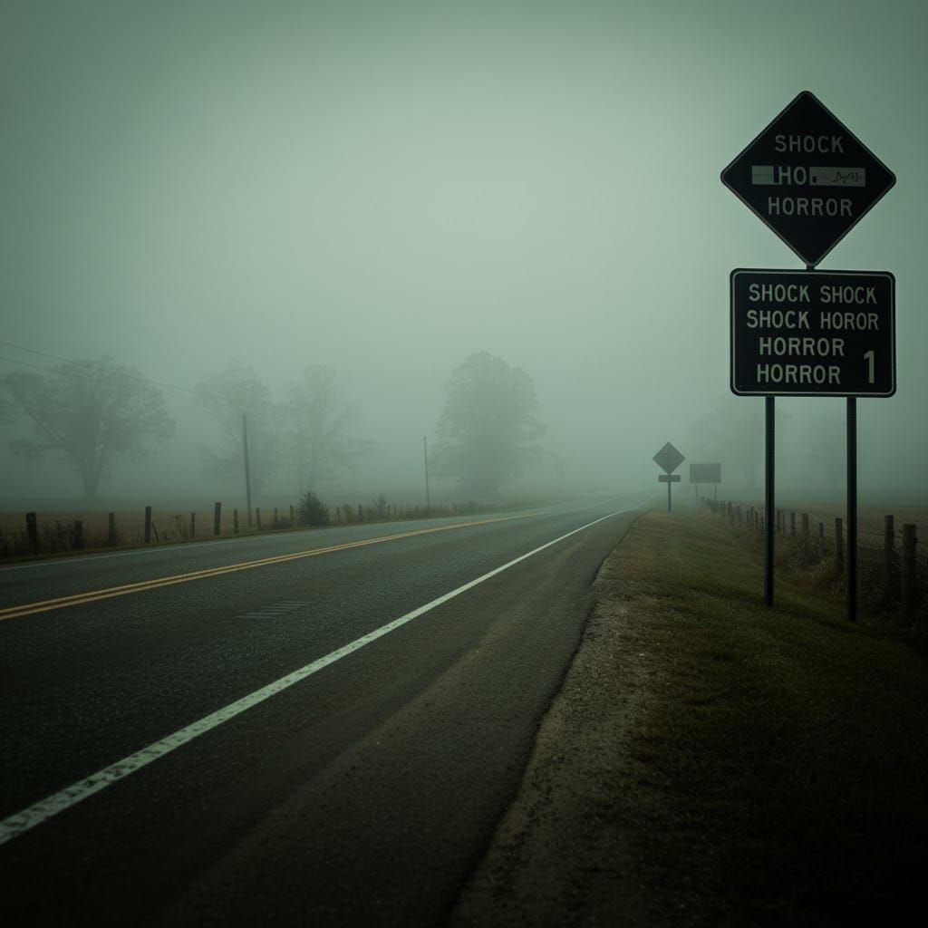 Misty Country Road with Ominous Sign