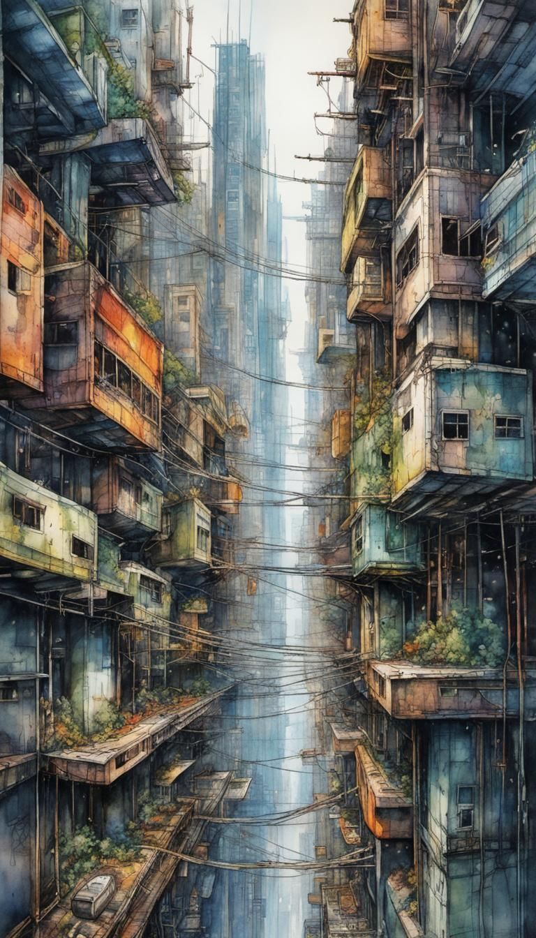 Cyberpunk Cable City Between Skyscrapers: Watercolor Art