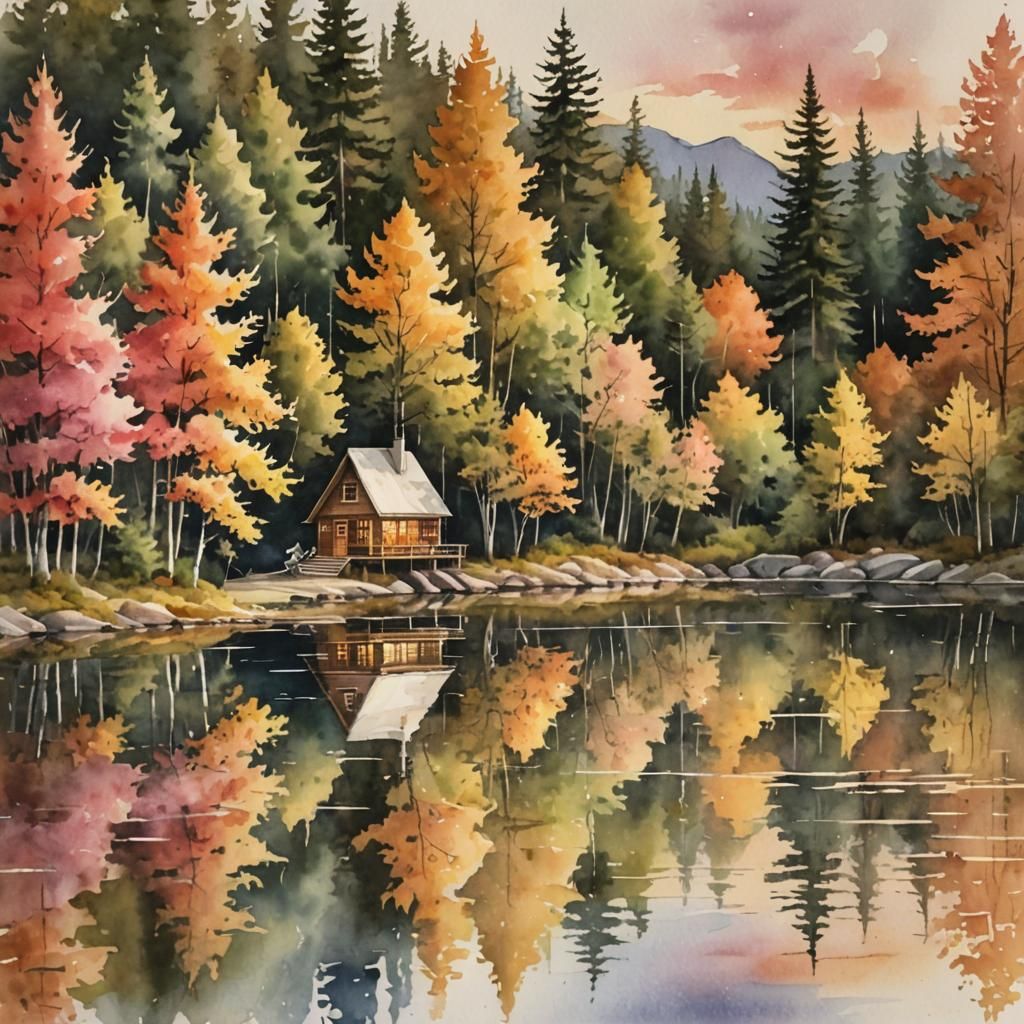 Watercolor.Golden lake. Autumn trees. Small A-frame cabin. s...