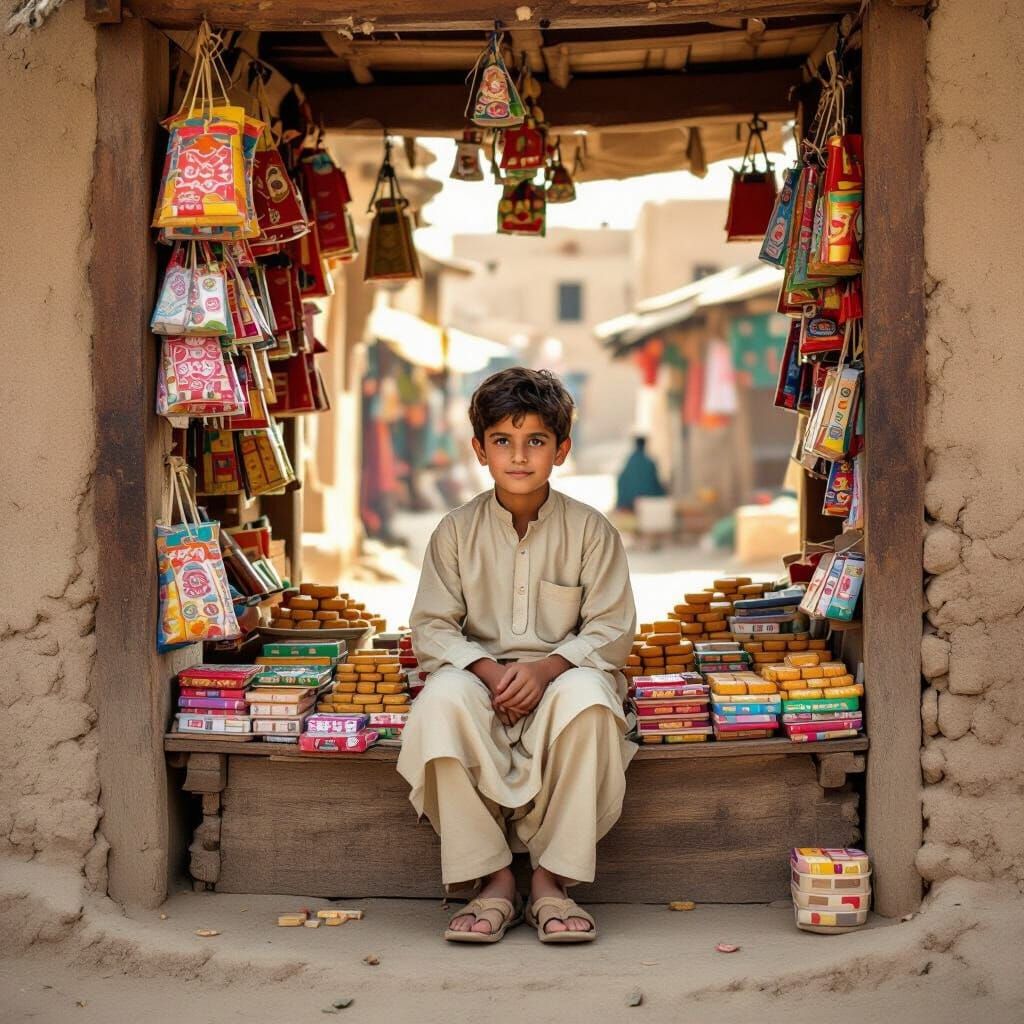 Pakistani Village Market Scene in Folk Art Style