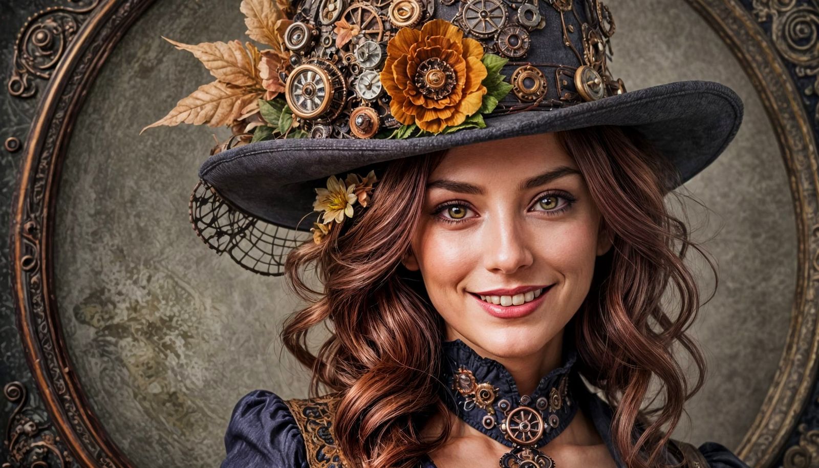 Auburn Beauty in Steampunk Floral Hat
