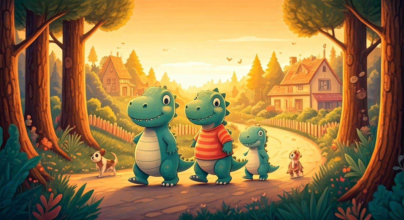 Cartoon Dinosaurs on a Walk at Sunset
