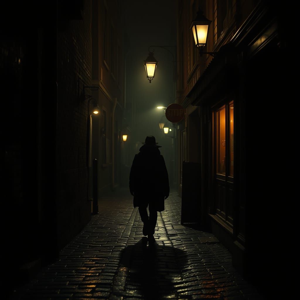 Figure in Dim Alleyway Under Gaslight