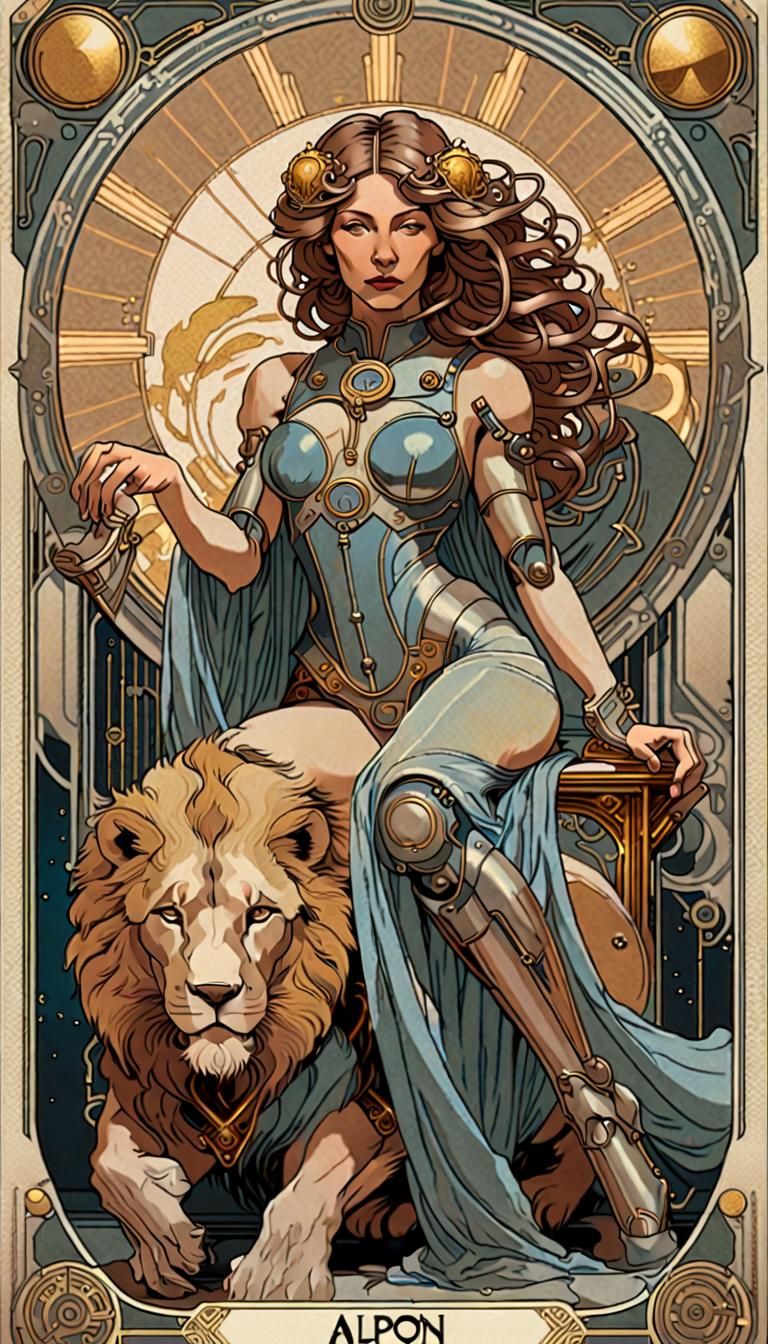 Art Nouveau Strength Tarot Card with Cybernetic Woman