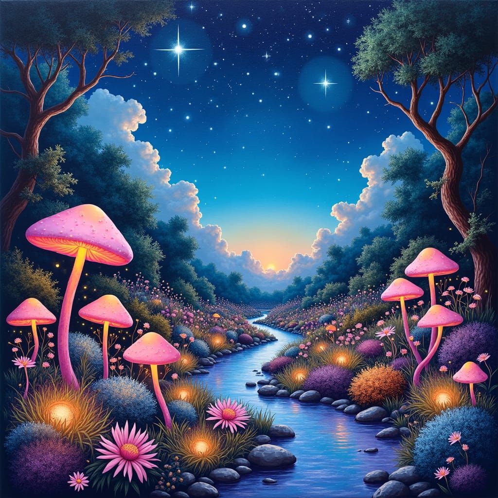 Luminescent Celestial Garden Under Starry Night Sky