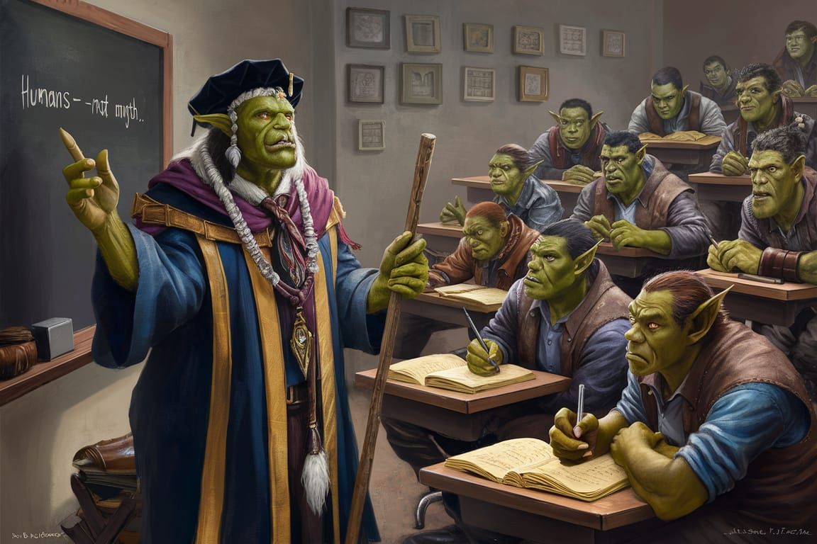 Orc Professor Lectures on Humans in College Classroom