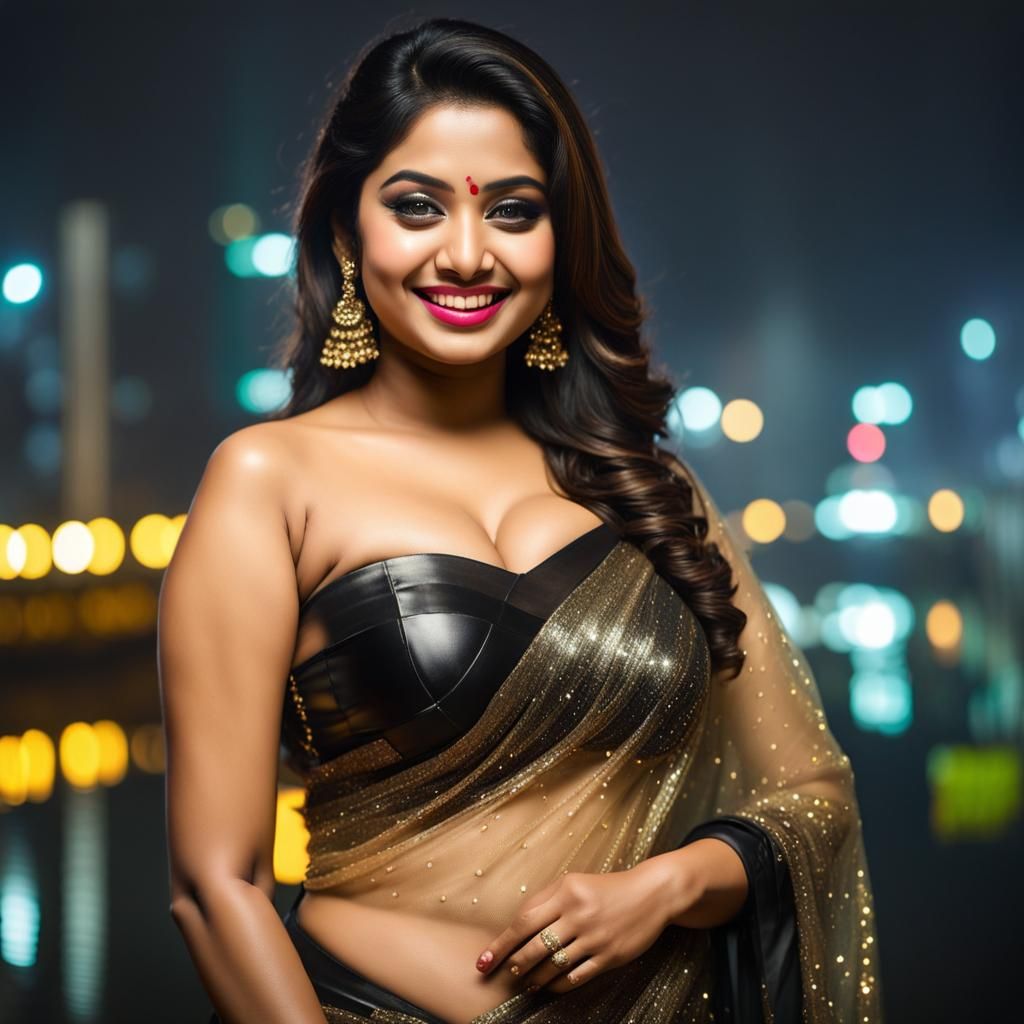 Bangladeshi Actress in Neon City, Hyperrealistic Style