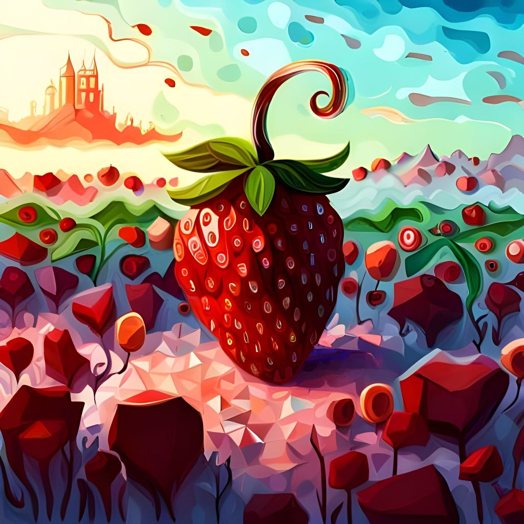 Quilled Strawberry Field: Digital Art in Watercolor Style