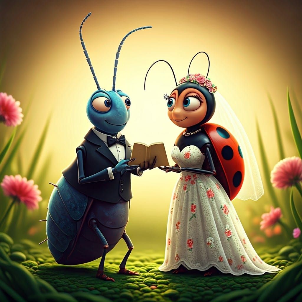 Charming Aphid and Ladybug Wedding Scene in Whimsical Garden...