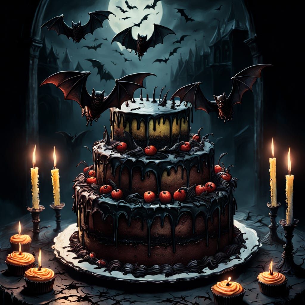 Macabre Cake with Bats in Gothic Oil Painting Style