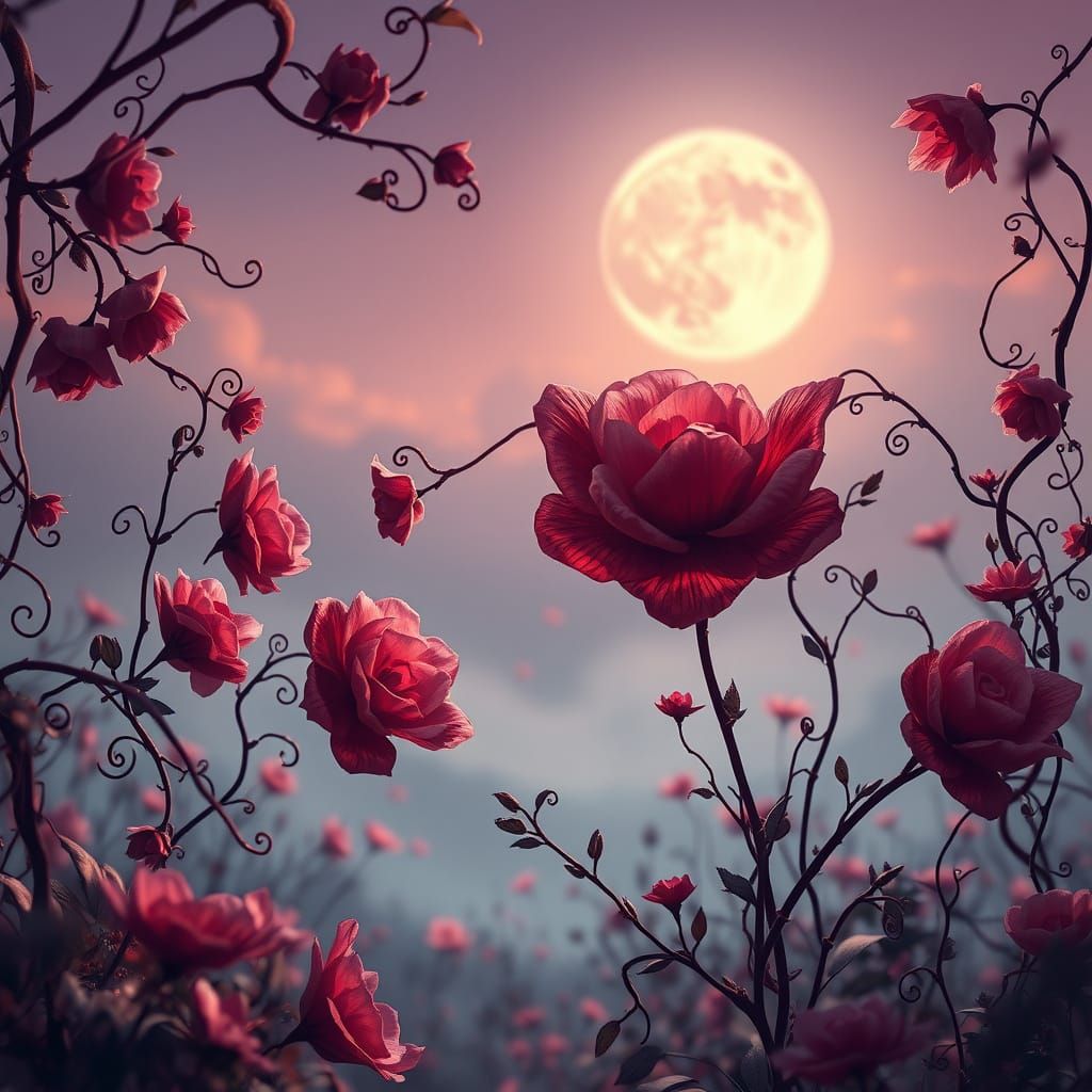 Whimsical Valentine's Day Garden Scene in Dreamy, Moonlit St...