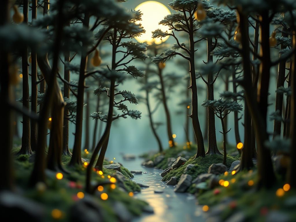 Whispering Moonlit Forest in Miniature, with Glowing Firefli...