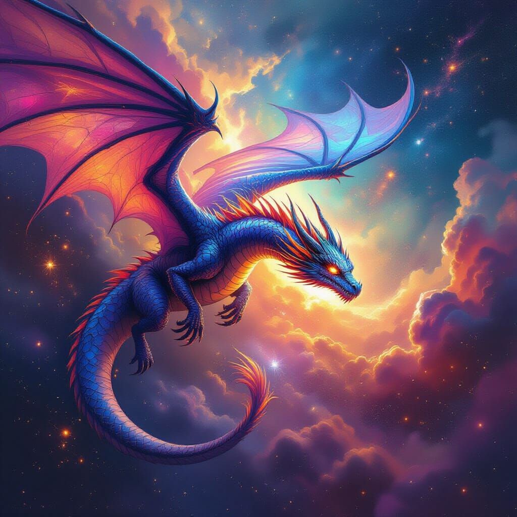 Dragon Soaring Through Nebula in Impasto Style