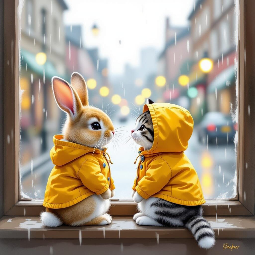 Rabbit and Cat Watch Rain in Beatrix Potter Style