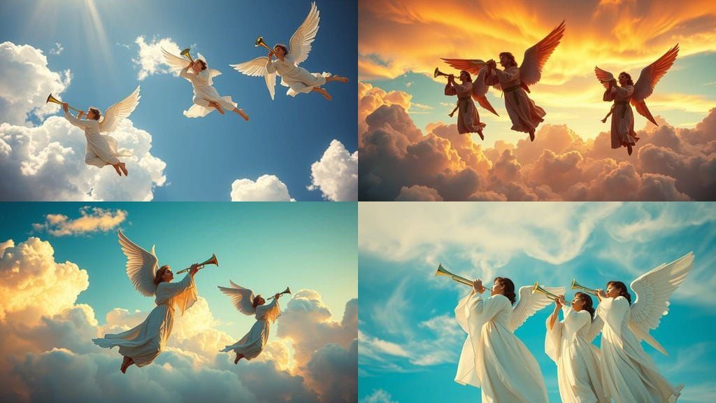 Angels Blow Trumpets in Hyperrealistic Sky