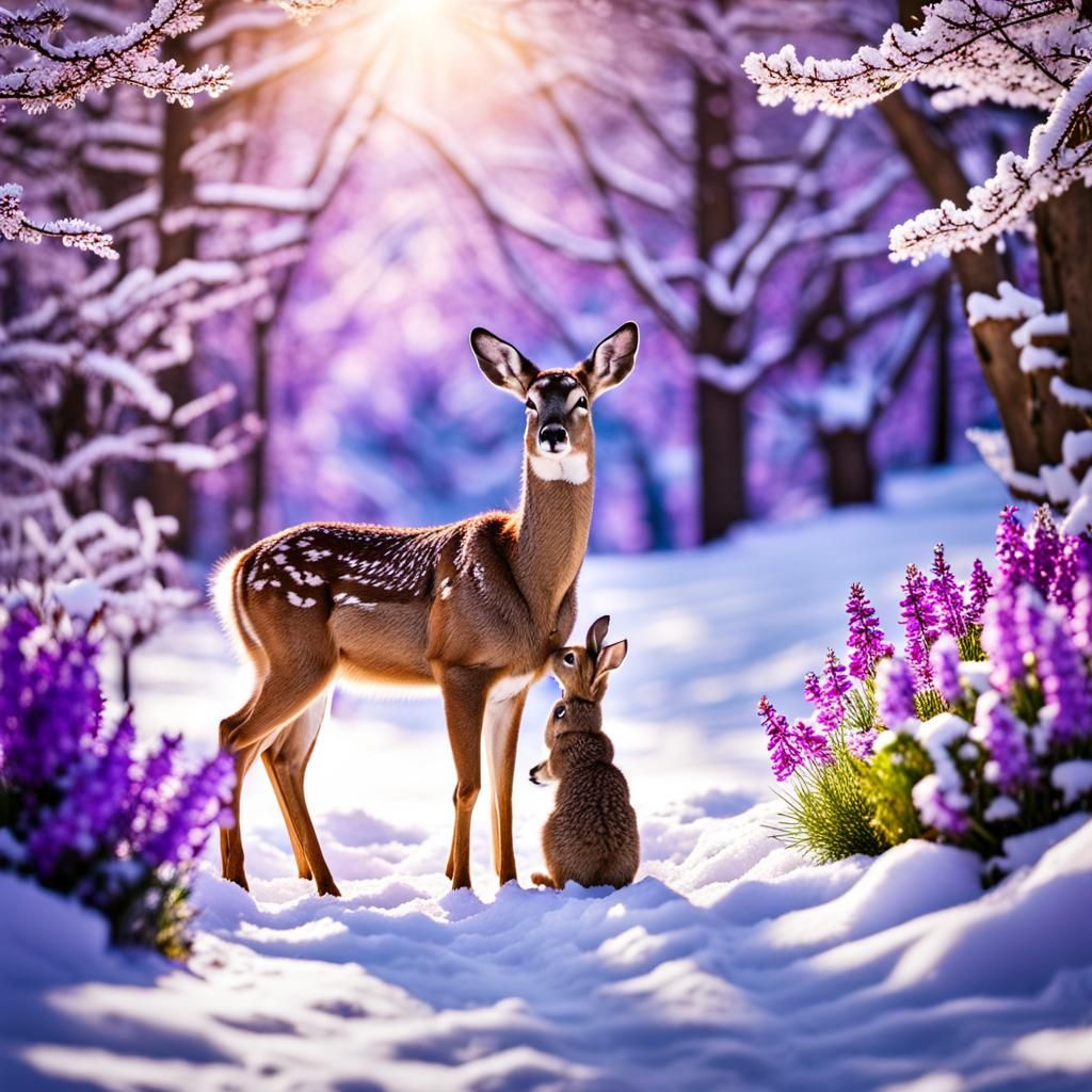 Deer Kisses Bunny in Snowy Spring Landscape