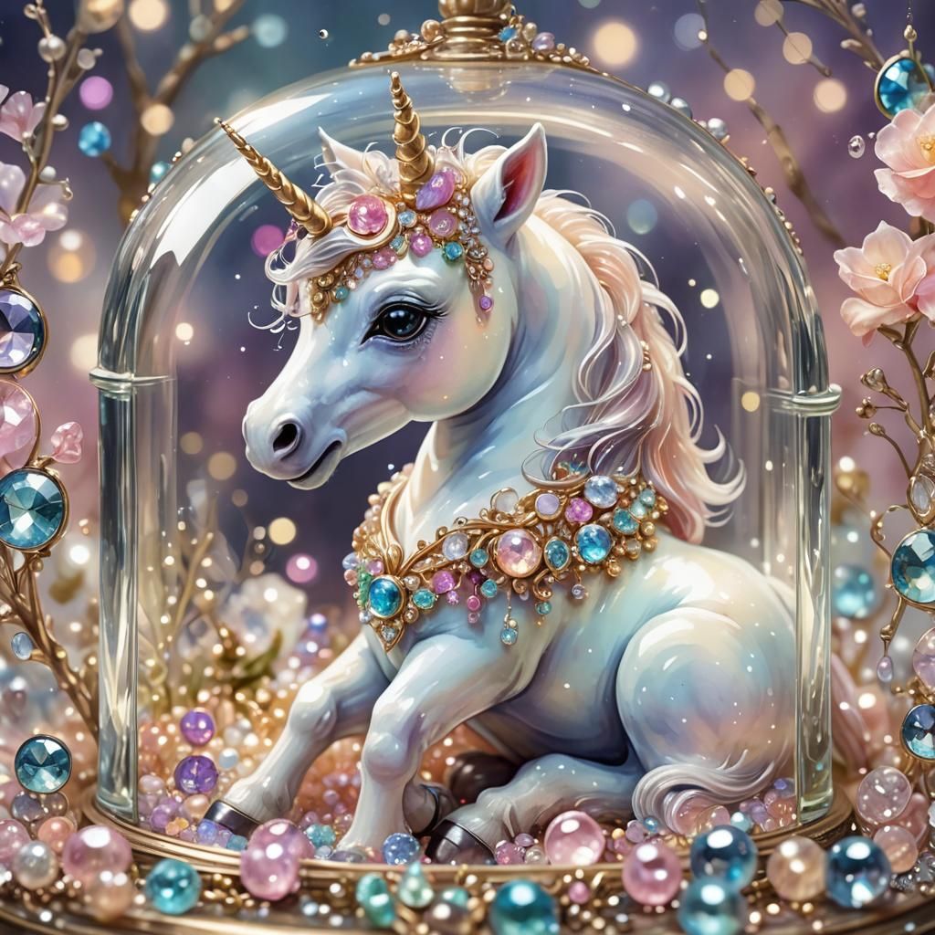 Baby Unicorn in Glass Jewelry Box: Watercolor Fantasy Art