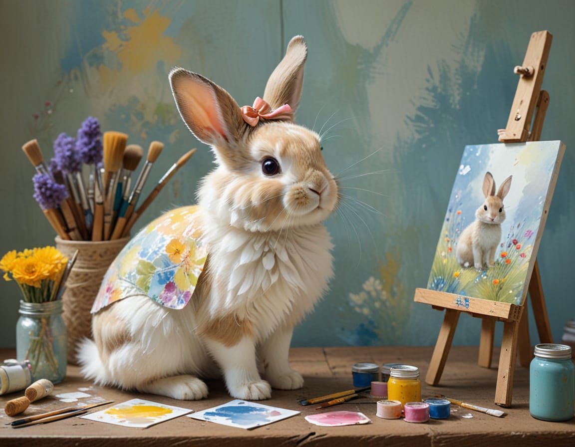 Sweet Baby Rabbit Artist with Oversized Bow