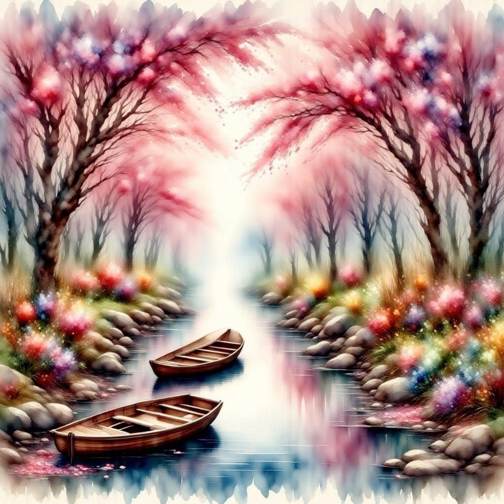 Cherry Blossoms and Rowboats in Antique Watercolor Style