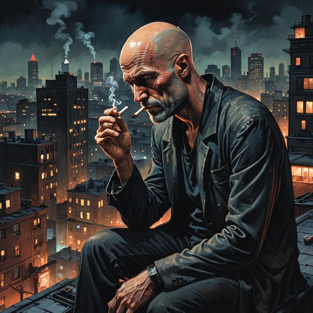 Noir Bald Man Gazing at City Lights at Night
