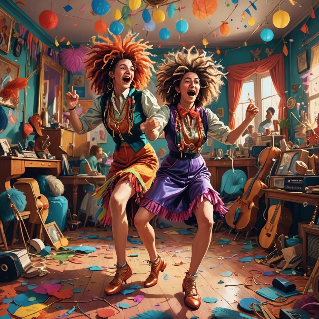 Woman's Comical Dance in Vibrant Digital Illustration