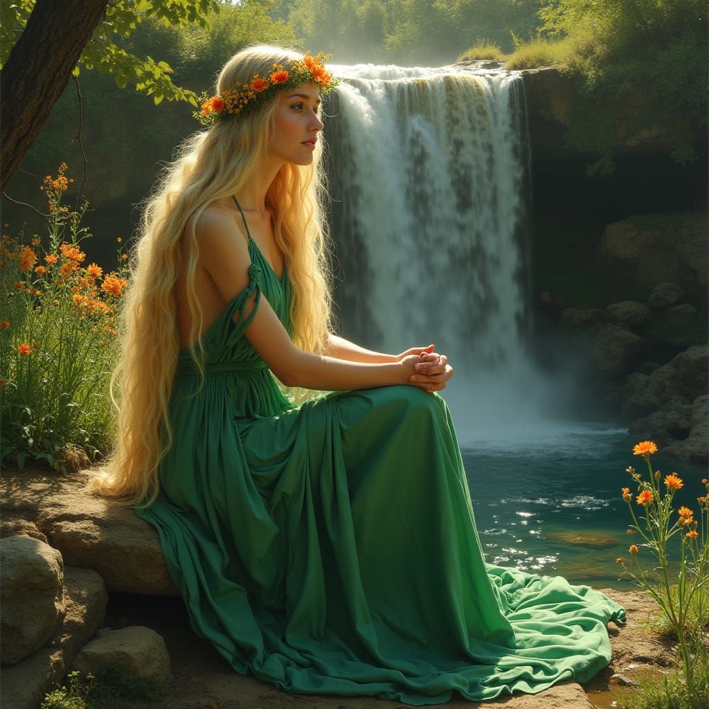 Woman with Flowers by Waterfall, in Renaissance Style