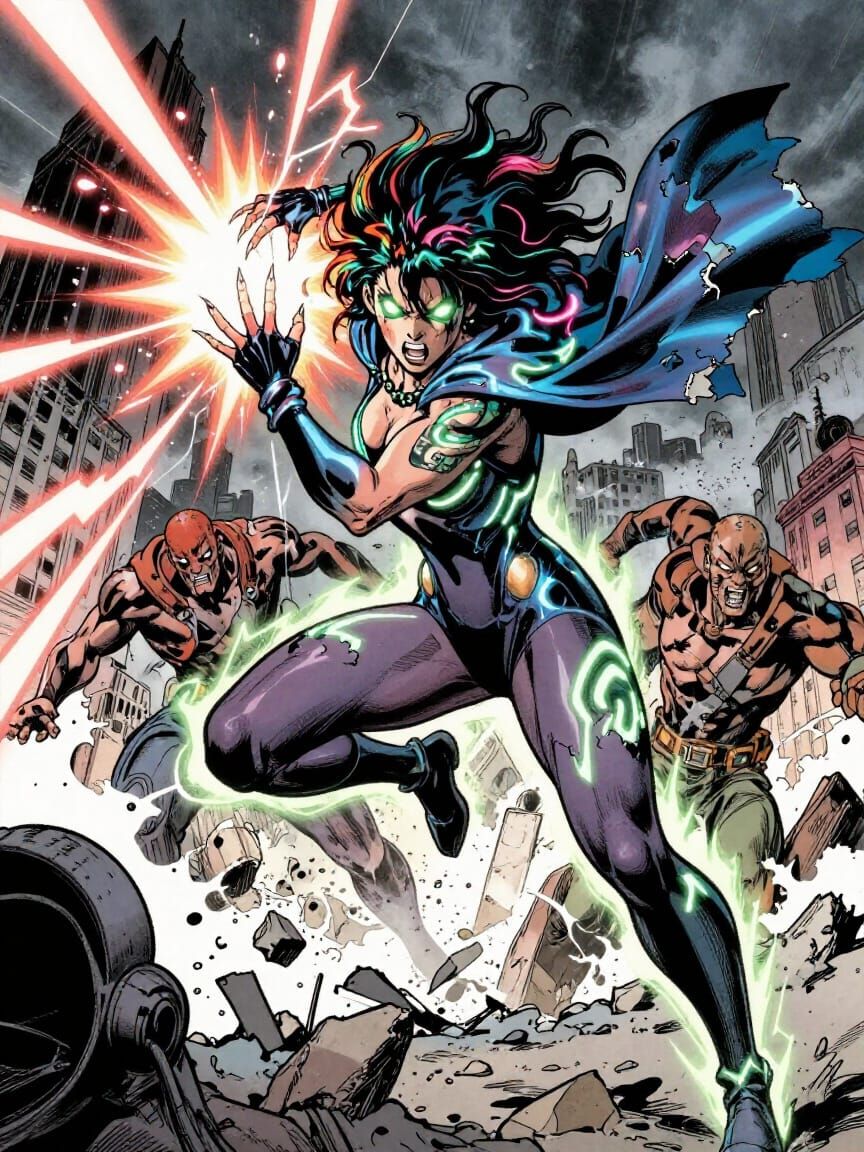 Techno Siren's Explosive Attack in Dynamic Comic Style