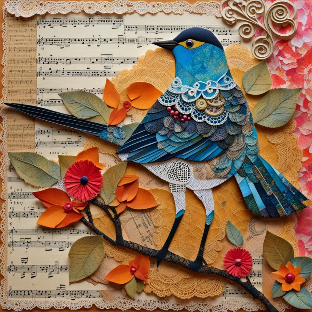 Colorful Bird Collage with Lace and Paper
