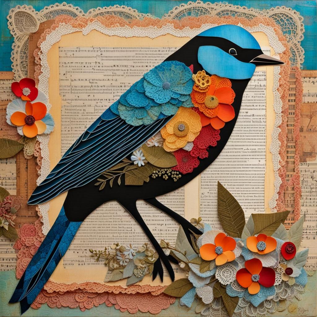 Colorful Bird Mixed Media Paper Collage Painting