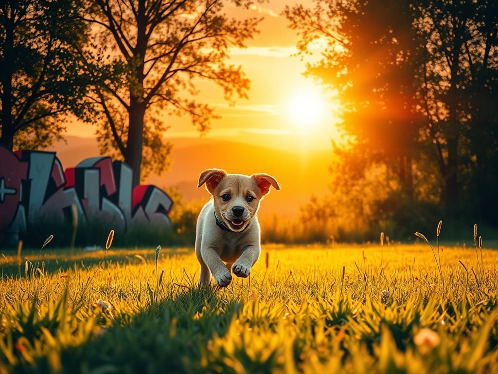 Vibrant Puppy Runs in Colorful Meadow Landscape