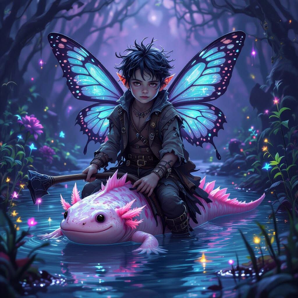 Fairy Boy Rides Axolotl in Bioluminescent Forest