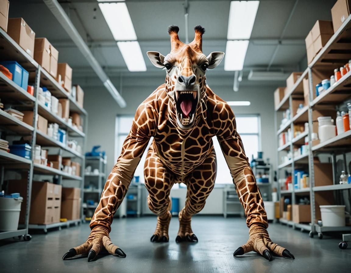 Muscular Woman in Giraffe Costume Doing Push-up