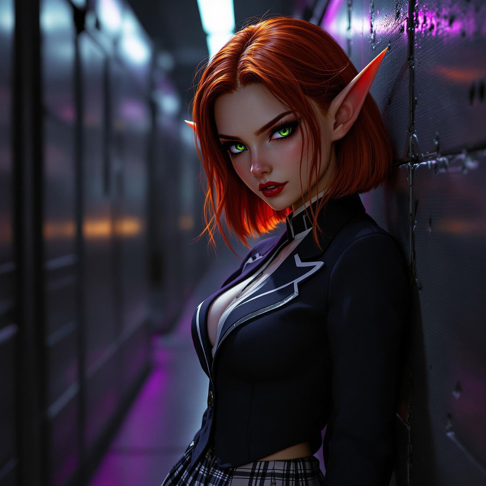 Sleek Elf Girl with Fiery Red Hair and Piercing Gaze