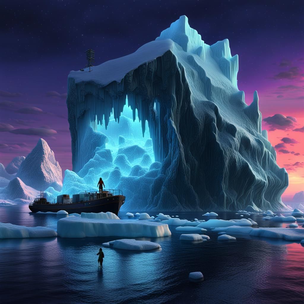 Neon Woman on Arctic Iceberg at Twilight