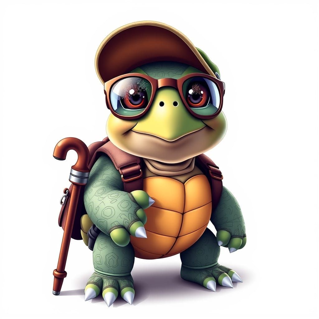 Charming Turtle Adventurer in a T-Pose with Glittering Eyes