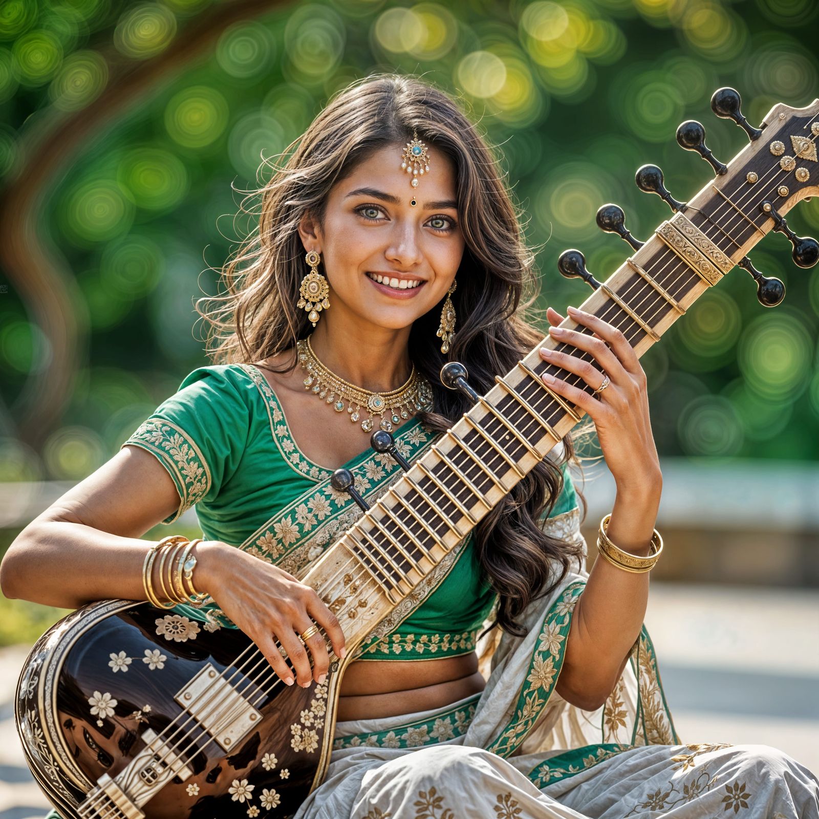 Elegant Woman with Sitar: Choreography in Motion