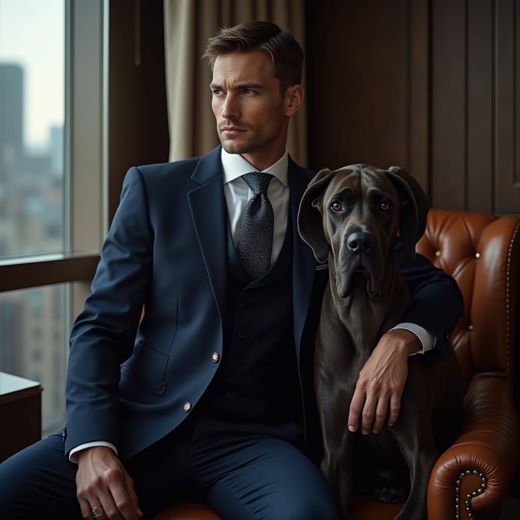 Gentlemanly Male Model Poses with Elegant Great Dane in Soph...